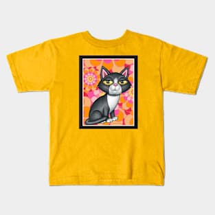 Cute Tuxedo Kitty with orange and pink flowers Kids T-Shirt